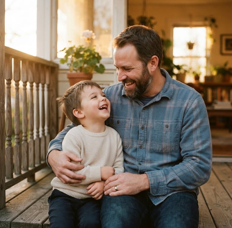 Close-up environmental portrait of an Ohio foster father and young son laughing together on a porch, warm golden-hour window light, shallow depth of field, 35mm lens.