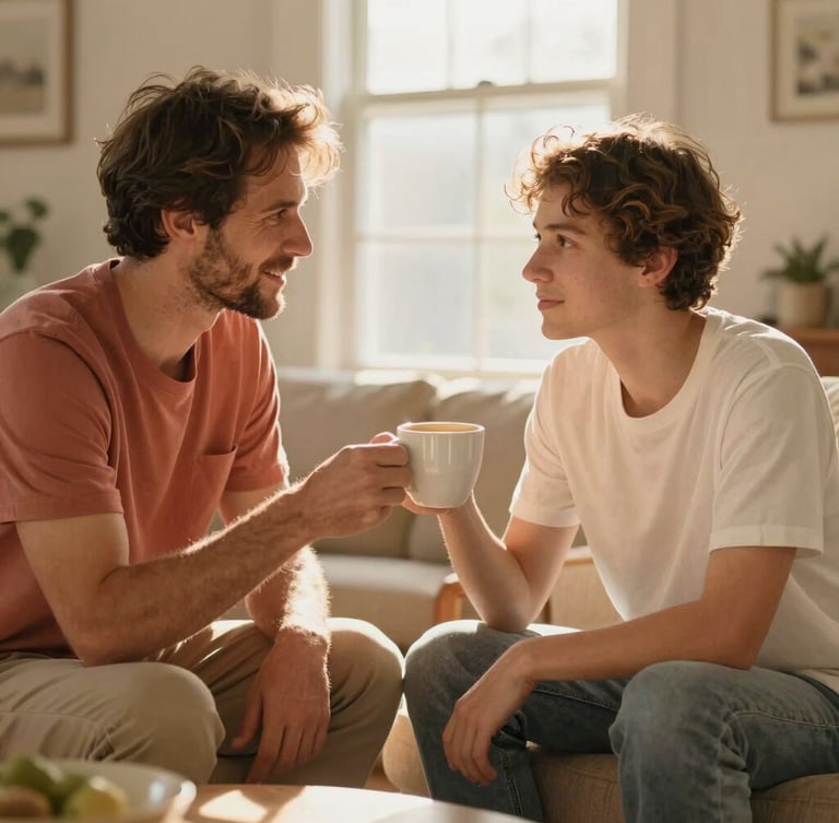 Warm editorial photography of a mentor and a foster father sharing coffee in a sunlit Ohio living room, soft natural golden-hour light, shallow depth of field, 35mm lens.