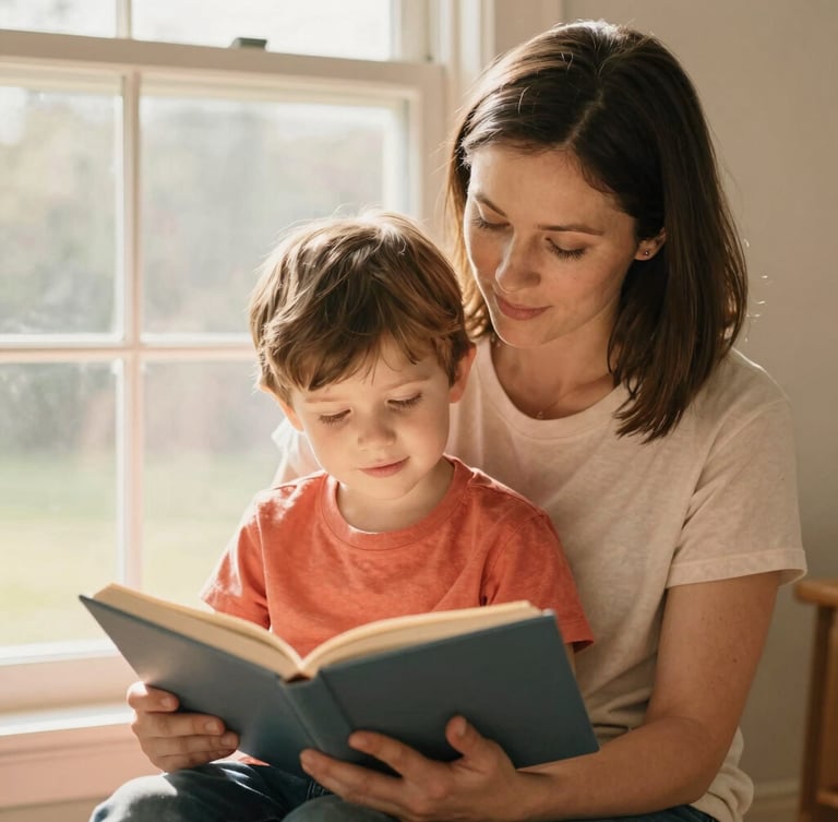 A warm, candid portrait of an Ohio foster mother and child reading a book together near a bright window, soft focus, natural golden-hour light