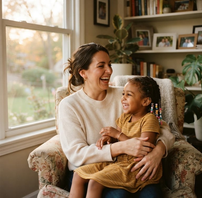 A warm, candid portrait of an American foster mother laughing with her young daughter in a sunlit Ohio living room, soft golden-hour window light, shallow depth of field, 35mm lens.