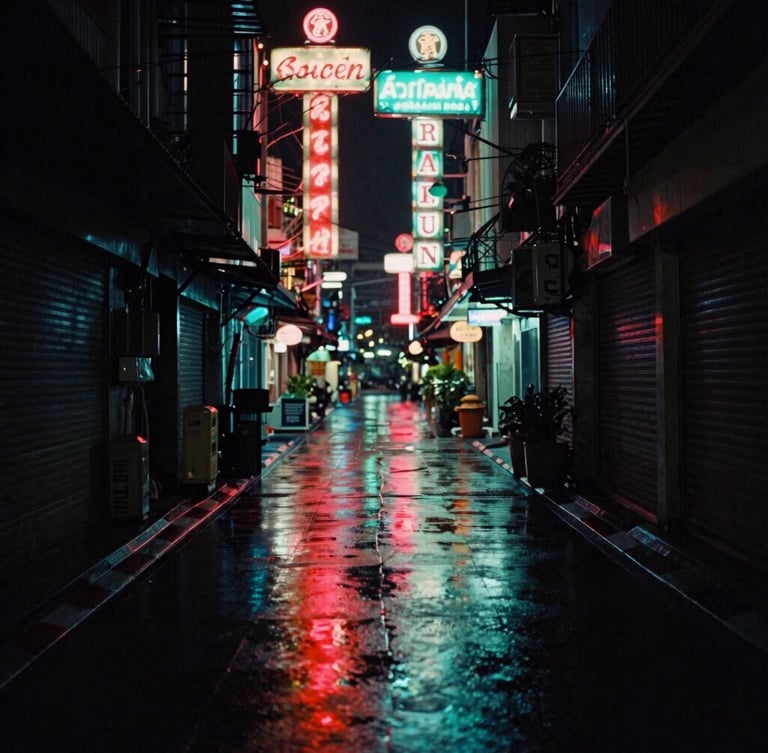 Cinematic wide-angle anamorphic shot of a narrow Bangkok alleyway at night, rain-slicked pavement reflecting red and cyan neon signs, deep shadows, 35mm grain