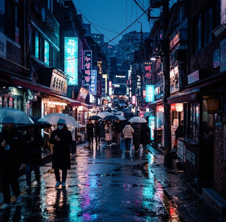 Cinematic wide-angle anamorphic shot of a neon-drenched Seoul alleyway at twilight, rain-slicked asphalt reflecting cyan and magenta light, deep shadows, 35mm grain.