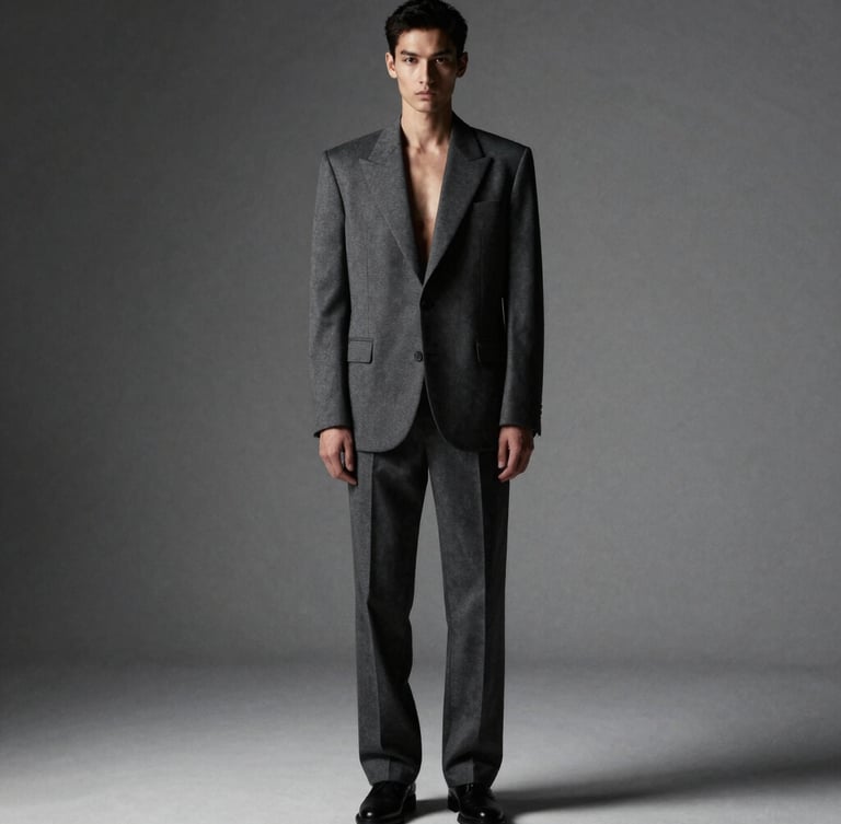 Full-body high-fashion editorial crop of a model in a structured charcoal suit, sharp studio lighting, high contrast, minimalist grey background