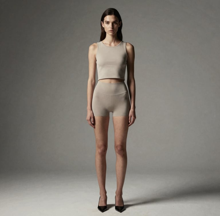 Full-body editorial fashion crop of a model in neutral tones, high-contrast studio lighting, minimalist background