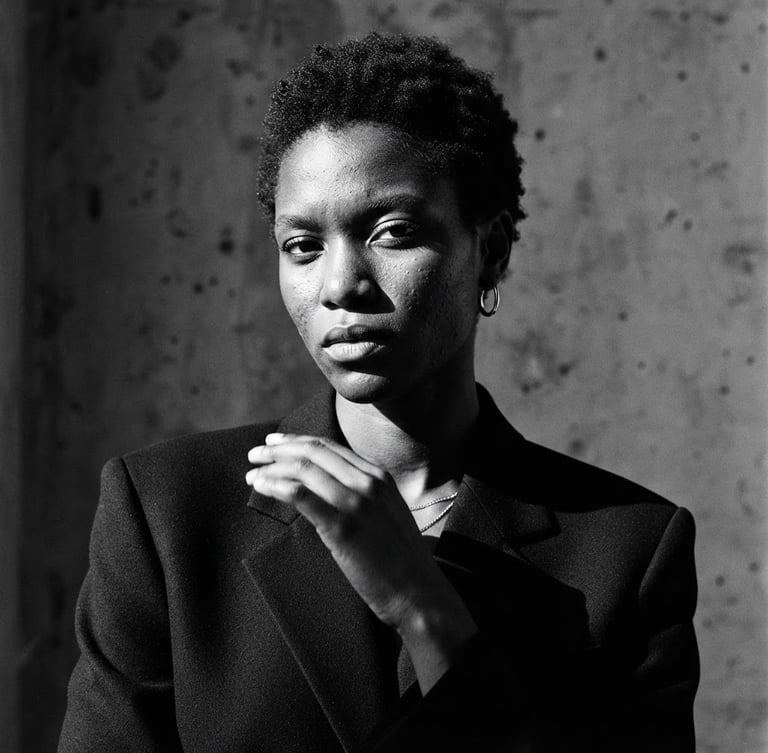 High-contrast editorial black and white portrait of a model with sharp direct sunlight and dramatic shadows, minimalist background, medium format film