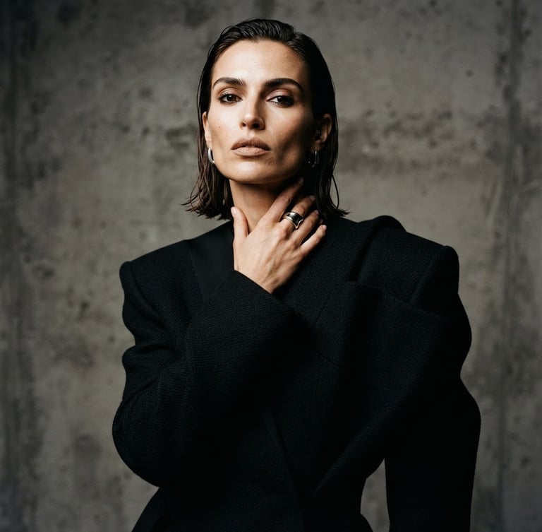 High-fashion editorial portrait of a model, sharp studio lighting, high contrast, minimalist background, neutral tones, medium format film