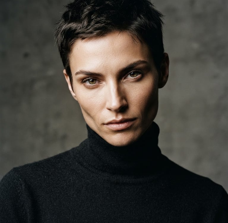 Close-up editorial portrait of a non-binary model with striking features, sharp high-contrast studio strobe lighting, neutral background, medium format film