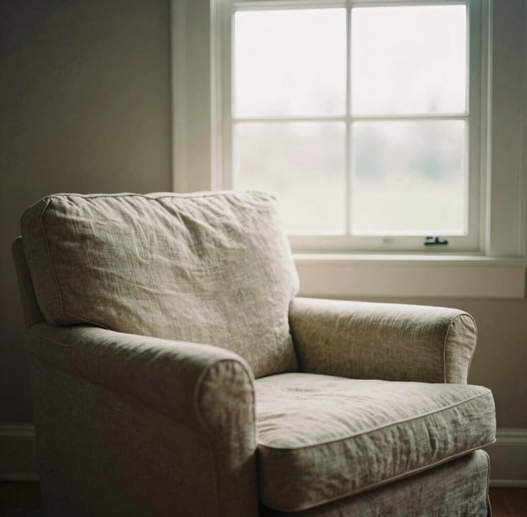 A comfortable linen armchair next to a tall window with soft light filtering through, domestic therapy space, 35mm film
