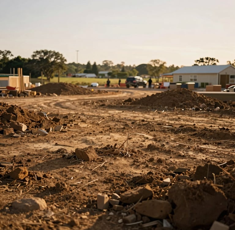 Wide environmental shot of a community development project site, soft golden hour lighting, rich earthy tones, 35mm