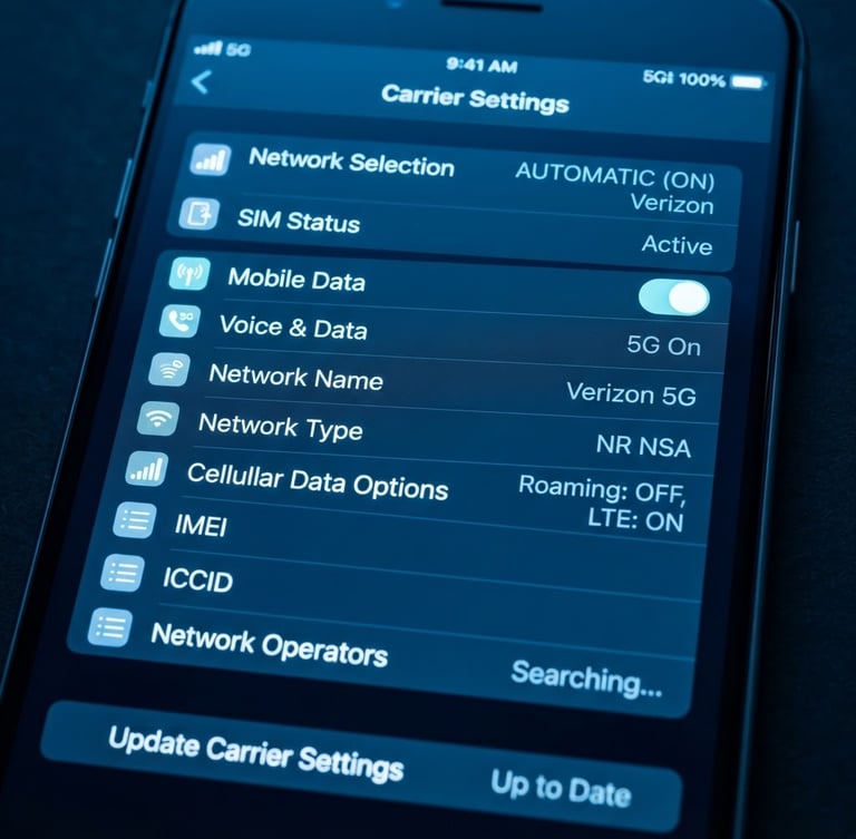 Macro shot of a premium smartphone screen displaying official carrier settings, cool blue backlighting, crisp high-contrast tech aesthetic, sharp focus