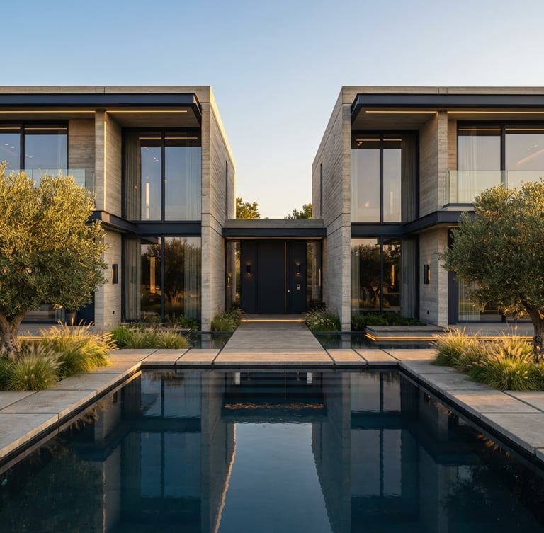 Symmetrical wide-angle architectural exterior shot of a modern luxury concrete and steel villa with clean lines, warm golden-hour lighting, minimalist landscaping, 35mm lens