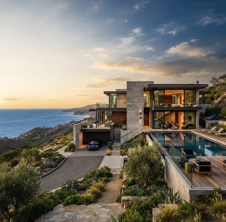 Wide architectural exterior shot of a modern luxury concrete and steel villa at golden hour, sharp focus, clean lines, negative space on the left