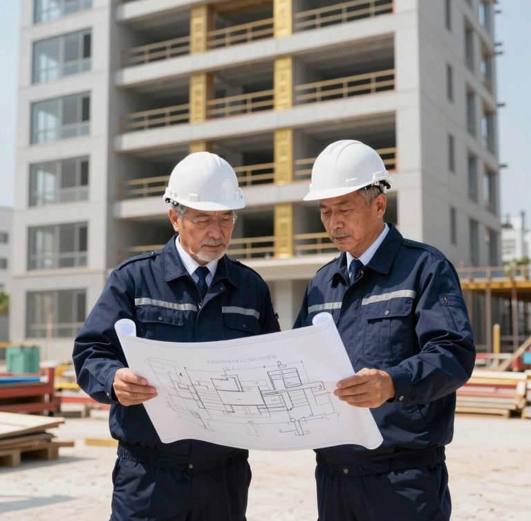 A professional medium shot of two senior engineers in navy uniforms analyzing blueprints on a pristine modern construction site, bright daylight, sharp focus, 35mm lens