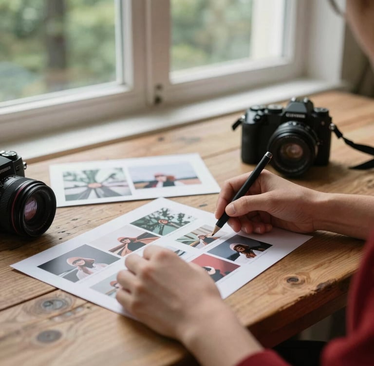 Close-up of hands planning social media content with printed photos and a camera on a rustic wooden table, soft natural window light, forest green and deep red accents, warm editorial photography, 35mm