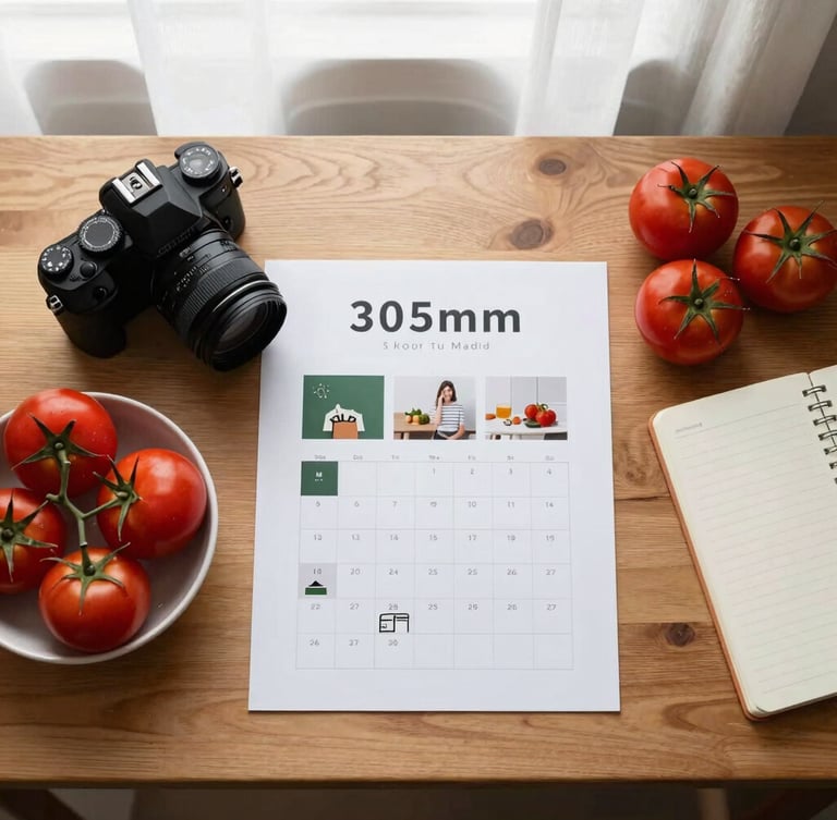 Overhead flatlay of a clean wooden desk with a camera, a printed social media content calendar, and a small bowl of fresh red tomatoes next to a notebook, soft window light, 35mm
