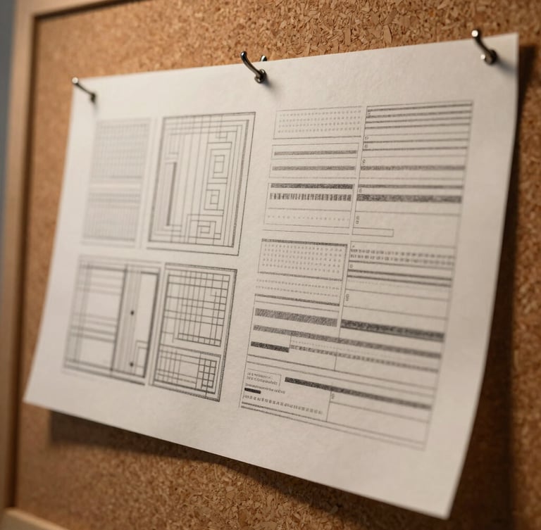Extreme close-up of custom-drafted paper patterns pinned to a corkboard, warm directional studio key light highlighting graphite lines and heavy paper texture.