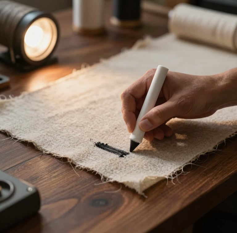 Cinematic close-up of heavy-gauge wool fabric being marked with tailor's chalk on a dark walnut cutting table, warm directional studio key light, shallow depth of field.