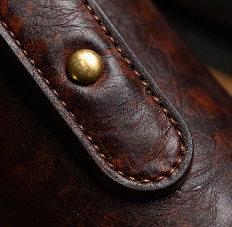 Extreme macro shot of heavy-gauge bronze stitching on a dark burnished leather yoke, warm directional studio key light emphasizing the rich textured grain.