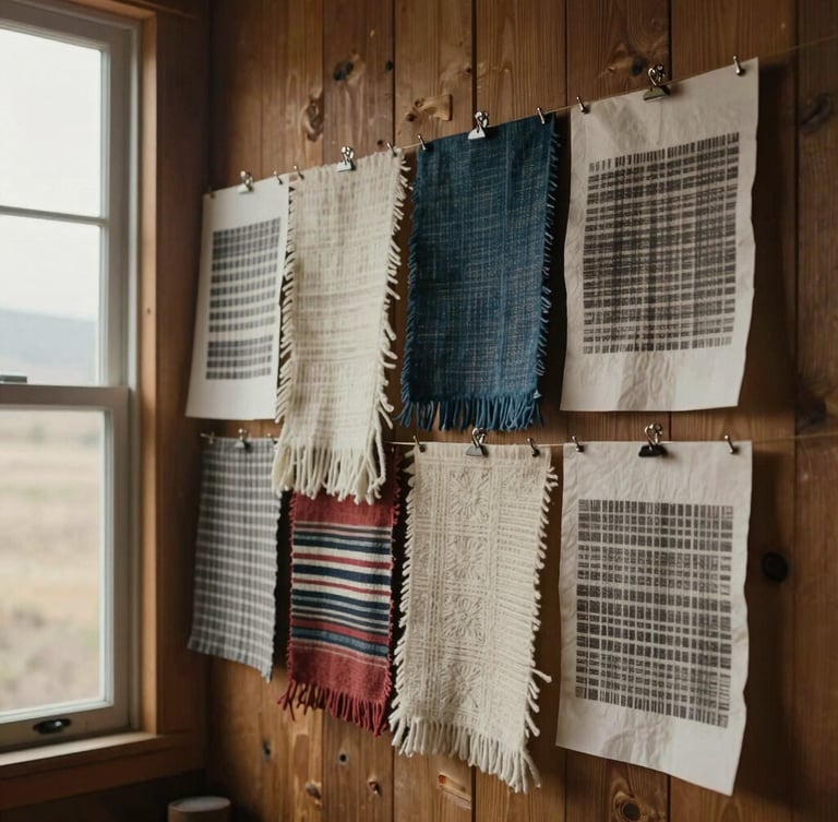 Cinematic portrait crop of raw wool textiles and heavy-gauge paper patterns pinned to a timber studio wall in Pinedale, Wyoming, soft overcast window light, authentic ranch-luxe atmosphere.