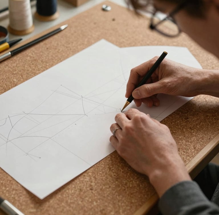 Hands of a master tailor pinning a custom-drafted paper pattern to a corkboard in a Pinedale Wyoming studio, warm key light