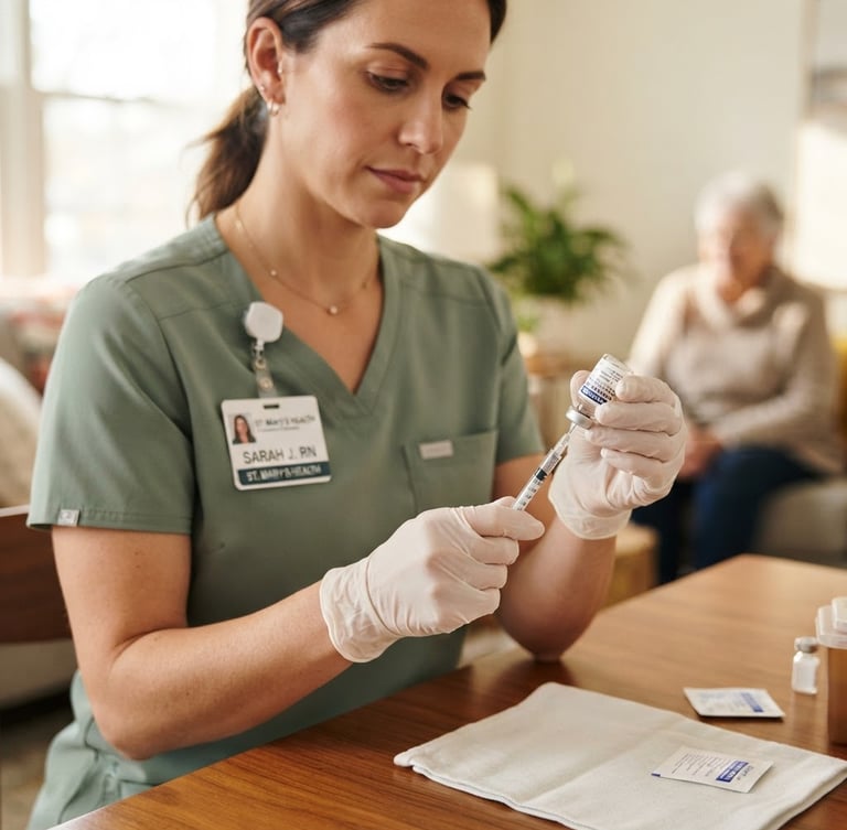 Close-up of a certified nurse in clean sage green scrubs preparing an insulin injection in a brightly lit, warm home environment, shallow depth of field