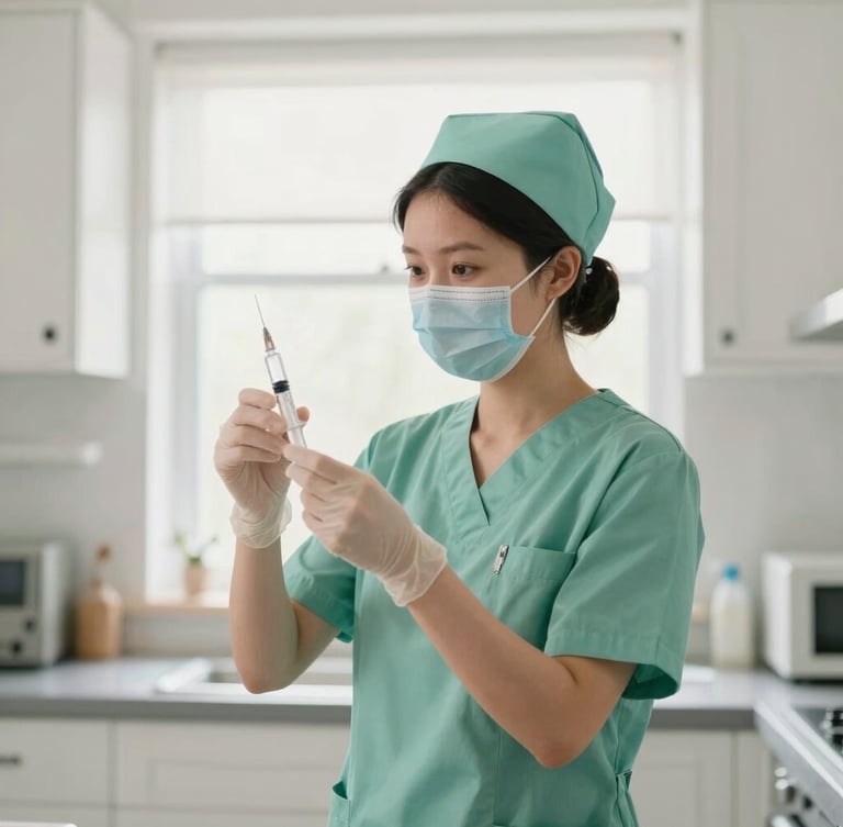 A certified nurse in clean green scrubs preparing an insulin syringe under soft window light in a tidy, warm home kitchen, shallow depth of field, 35mm