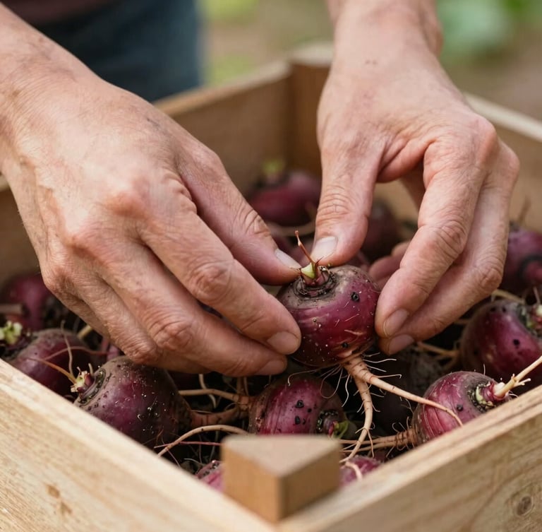 Close-up of weathered hands gently arranging organic root vegetables in a wooden crate, soft diffused morning light, shallow depth of field