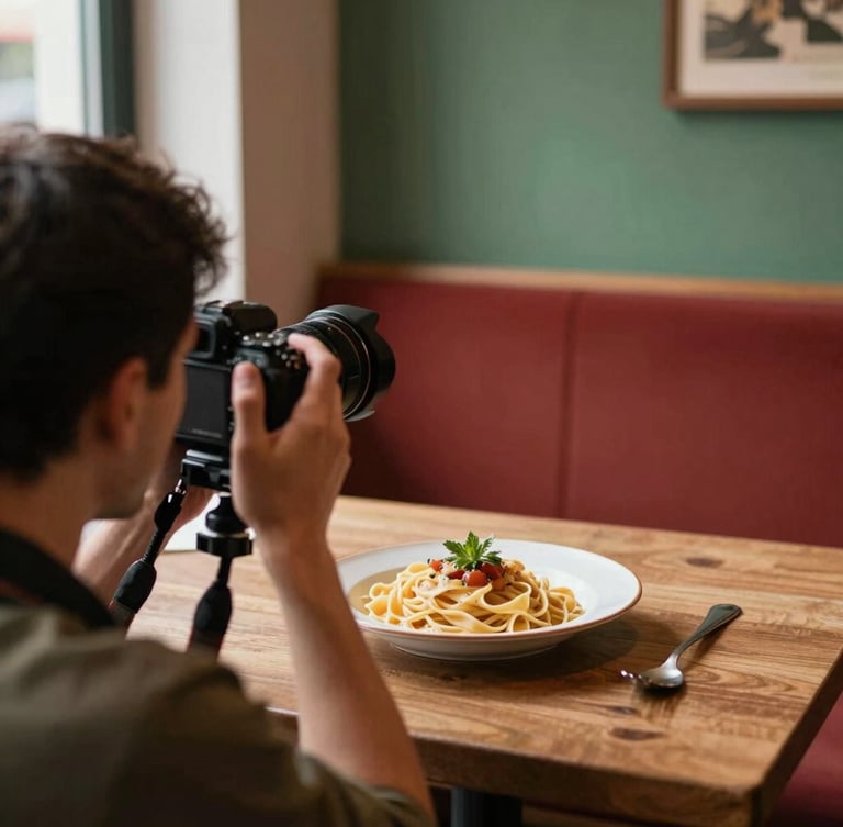 Over-the-shoulder view of a photographer adjusting a camera on a tripod, focusing on a rustic plate of handmade pasta in a cozy, side-lit Scandinavian restaurant interior