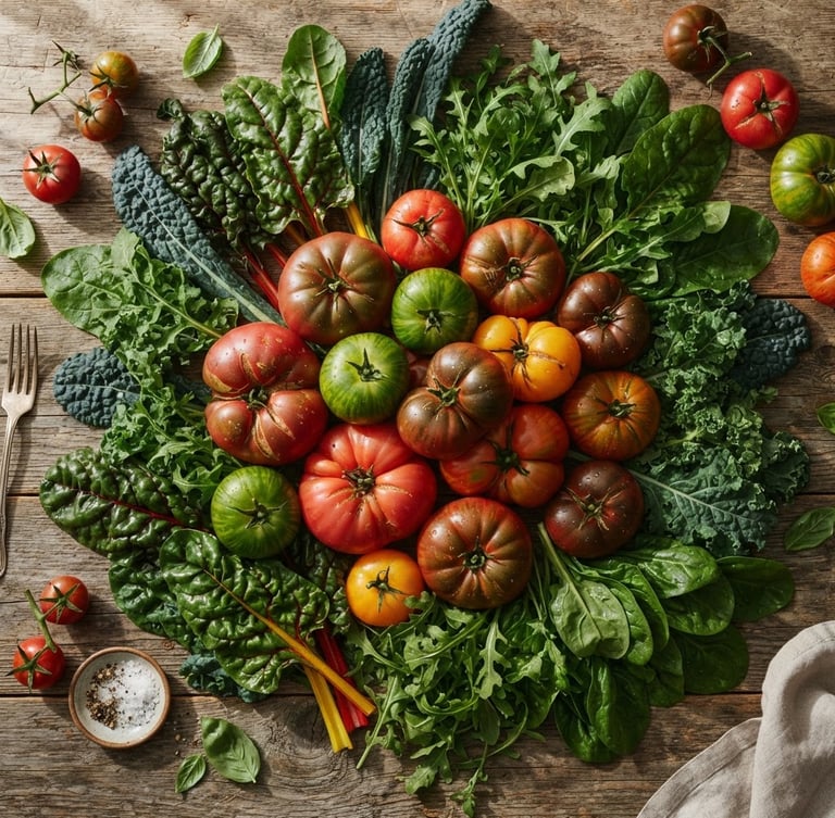 Overhead flat-lay of freshly harvested heirloom tomatoes and dark leafy greens on a rustic wooden table, soft natural side-light casting long shadows, rich crimson and forest tones
