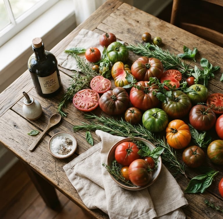 Overhead flat-lay of a rustic wooden table with fresh heirloom tomatoes, olive oil, and rosemary, soft natural side-light, rich crimson and forest tones, 35mm
