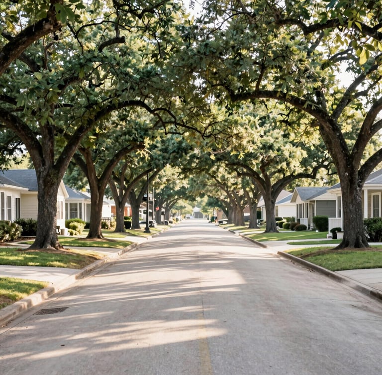 A peaceful tree-lined suburban street in Spring, Texas, soft morning sunlight filtering through oak trees, clean sidewalks