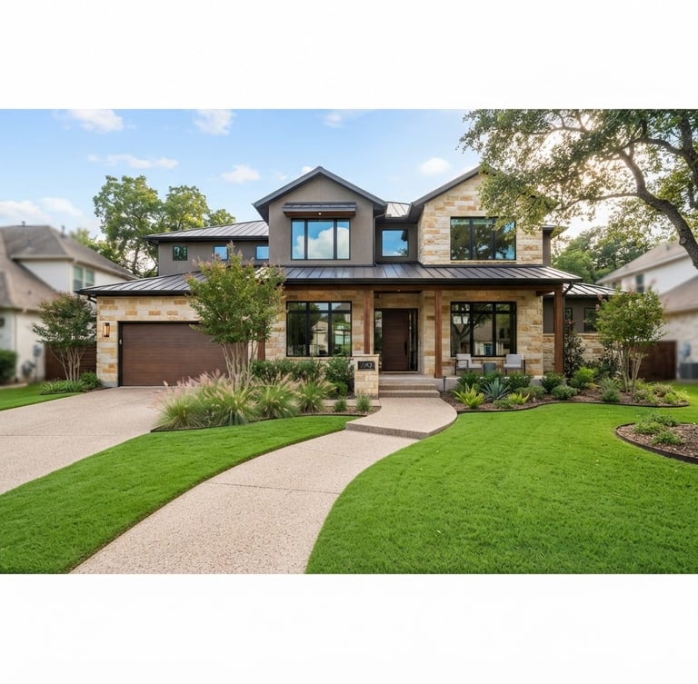 Bright architectural photography of a modern suburban home exterior in Spring, Texas, manicured green lawn, soft daylight, wide-angle lens