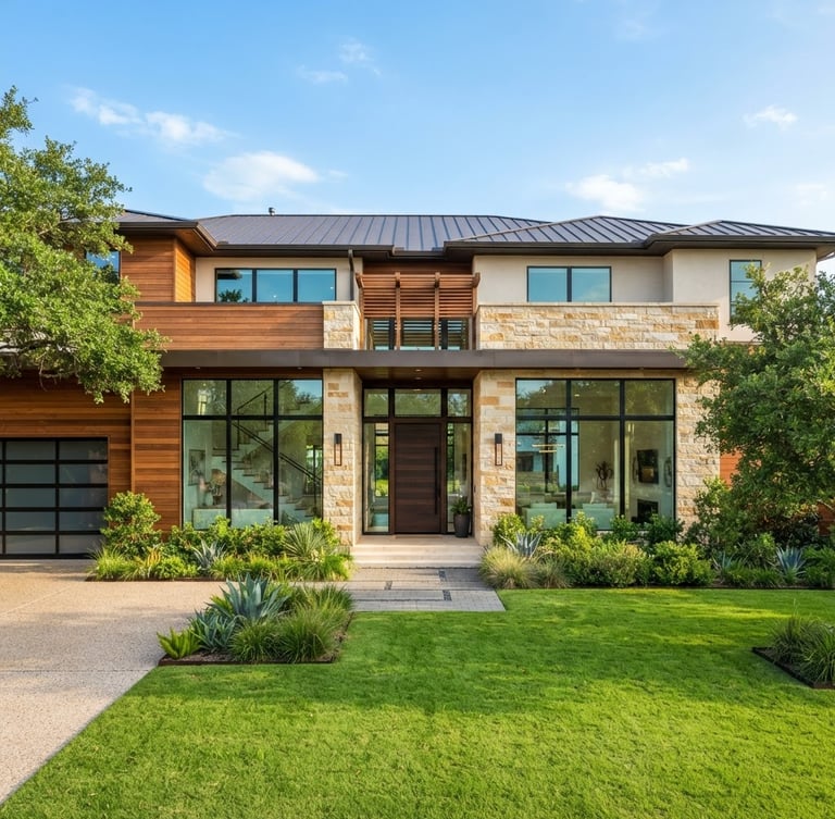 Bright architectural photography of a modern North Houston home exterior, clean warm tones, manicured green Texas lawn, natural daylight, straight-on wide-angle lens