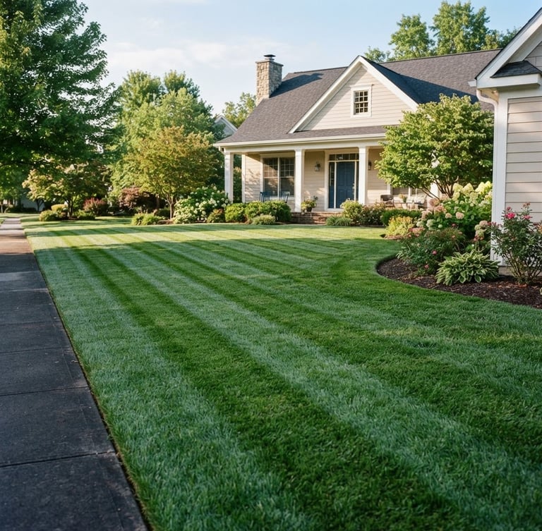 Perfectly striped suburban lawn, bright morning sunlight, crisp edges, a well-maintained home in the background, 35mm