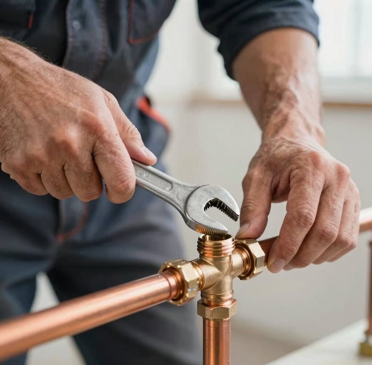 Close-up of a professional plumber's hands installing a copper pipe fitting with a wrench, bright natural light, clean workwear