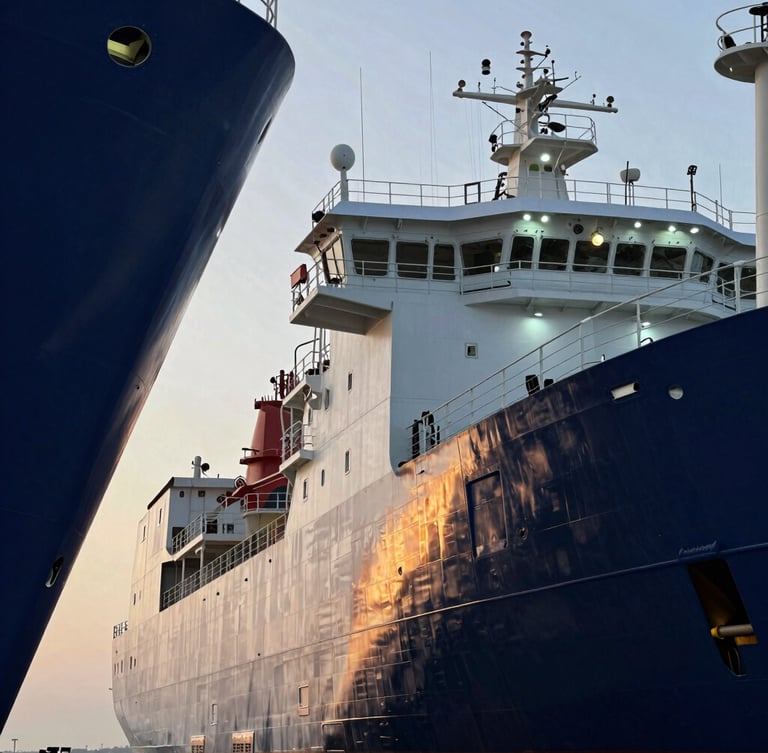 Sharp industrial photography of a massive offshore vessel docked at golden hour, cool LED work lights reflecting on the dark steel hull, architectural framing with negative space on the left.