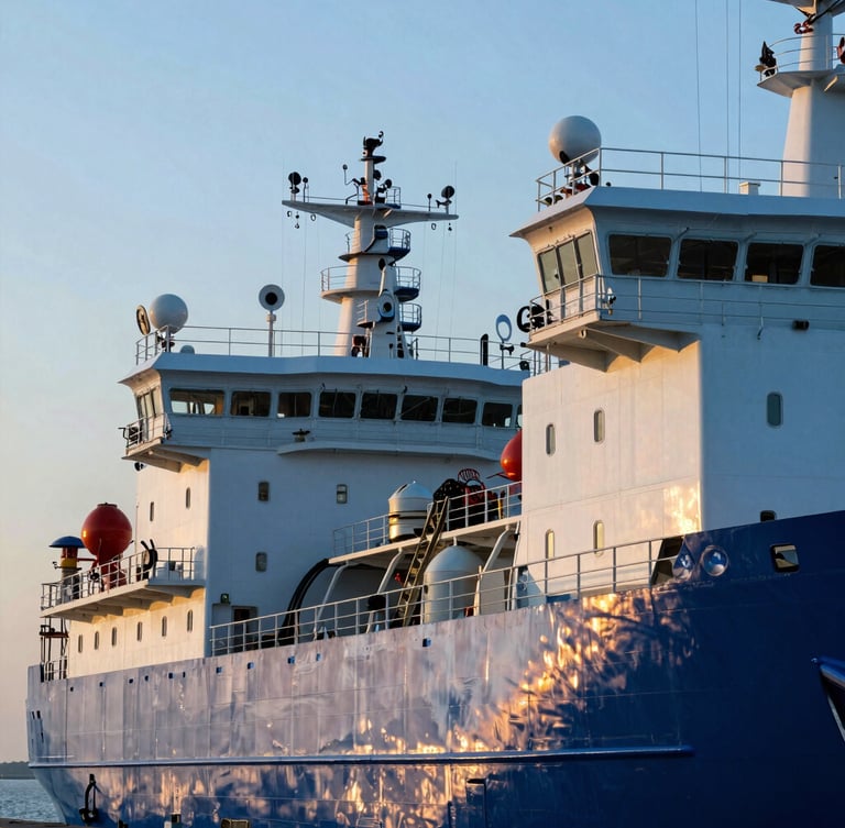 Sharp industrial photography of a massive offshore vessel docked at golden hour, cool blue and metallic tones, high-contrast architectural framing of marine-grade systems on deck.