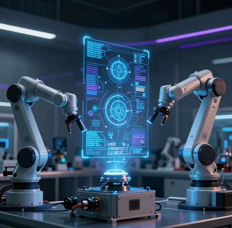 Cinematic shot of an advanced engineering lab with clean automated robotic arms and glowing blue holographic data nodes overlaid on a metallic background, low-key lighting, 85mm lens