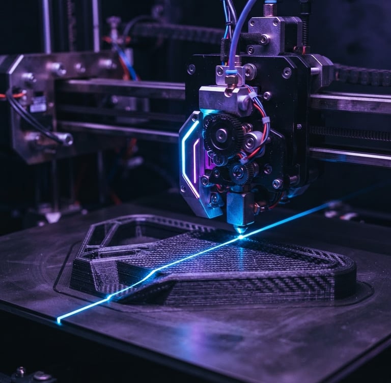 Macro shot of a high-precision industrial 3D printer extruding carbon fiber filament, bright blue laser line scanning the layer, dark metallic background, ultra-sharp focus.