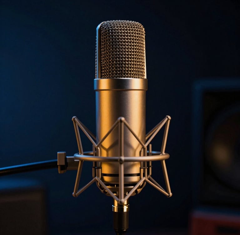 A close-up of a high-end podcast microphone in a dark studio, warm gold light leaks reflecting off the metallic surface, deep blue shadows, cinematic editorial photography