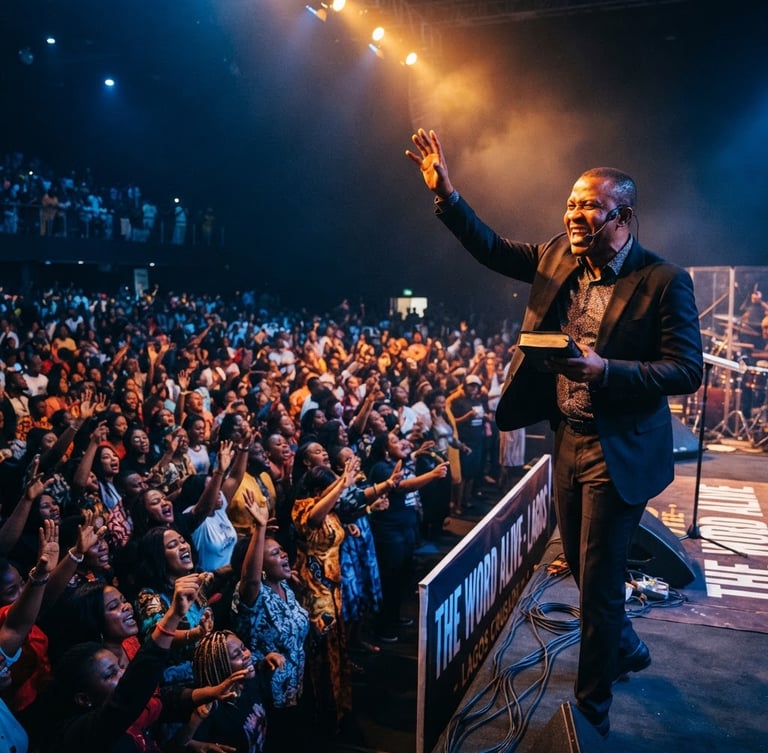 Evangelist Nnamdi Celestine preaching with passion to a diverse, worshipping crowd, cinematic lighting with warm gold highlights, wide-angle shot, deep blue shadows.