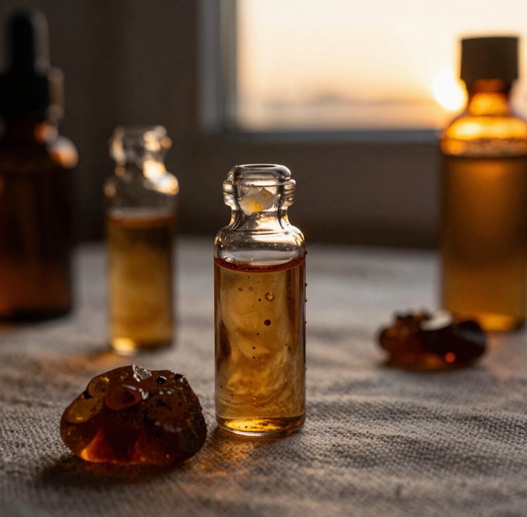 Macro close-up of warm golden-hour still life with raw resins and amber glass vials on raw linen, dark moody editorial photography, warm golden-hour window light, rich amber tones, macro depth of field, 35mm film