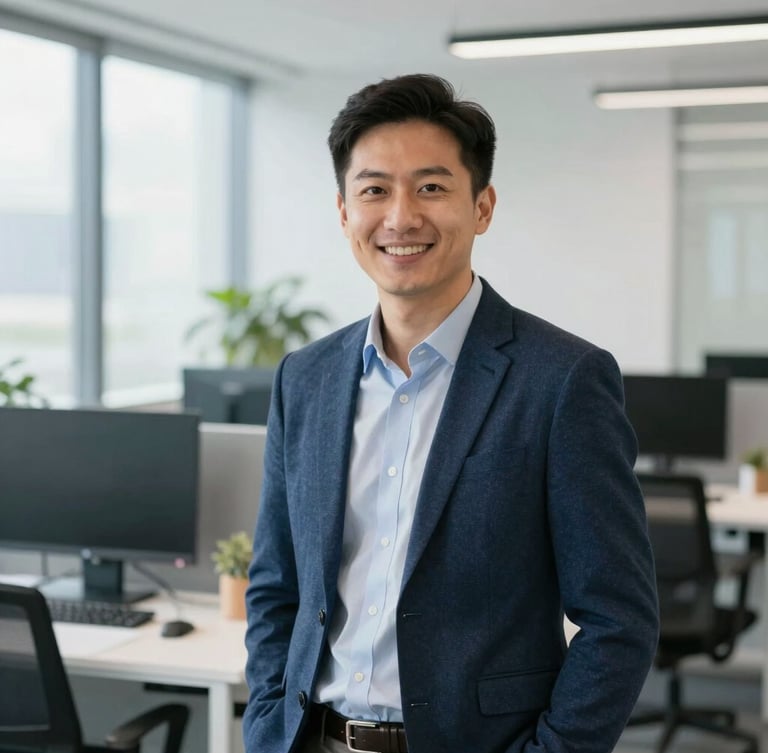 Professional portrait of a male data consultant in a modern workspace, wearing a smart casual blazer, smiling confidently, bright natural daylight, clean corporate background