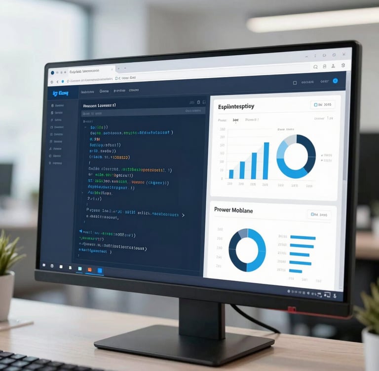 A high-resolution dashboard screenshot on a clean monitor, displaying SQL query outputs and Power BI charts, bright corporate office lighting, shallow depth of field
