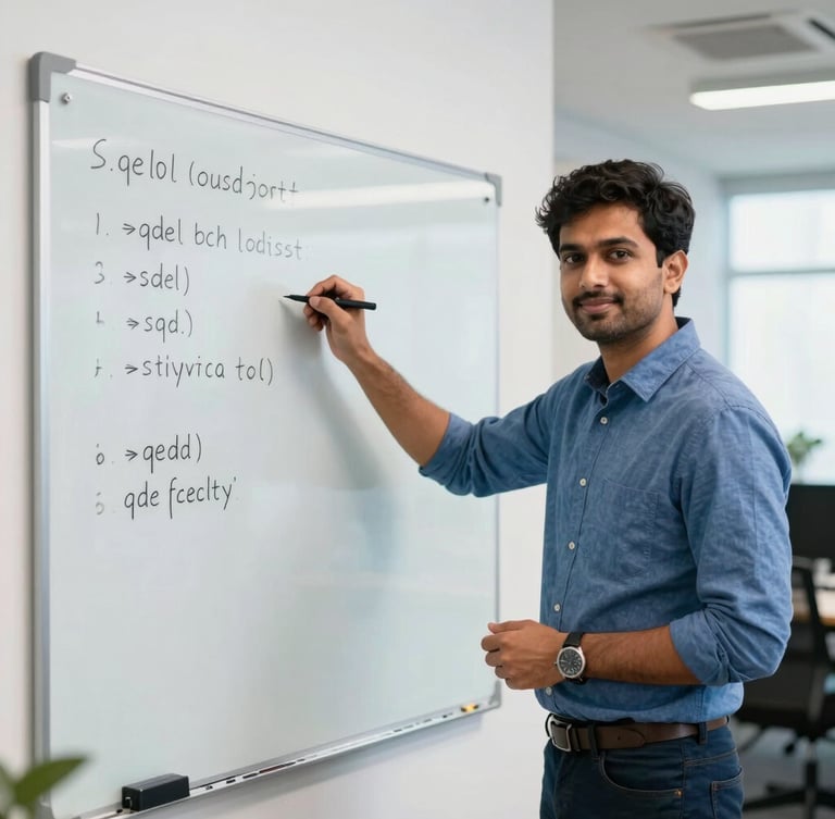 Professional portrait of a technical trainer in a bright, modern Delhi workspace, writing clean SQL code on a whiteboard, natural office light