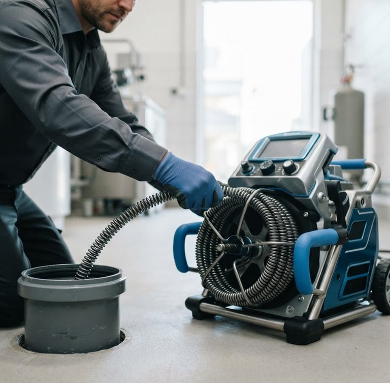 Clean high-tech commercial photography, bright white daylight, close-up of a modern robotic drain cleaning machine with steel spiral cables, professional technician hands guiding it, premium blue accents, 35mm