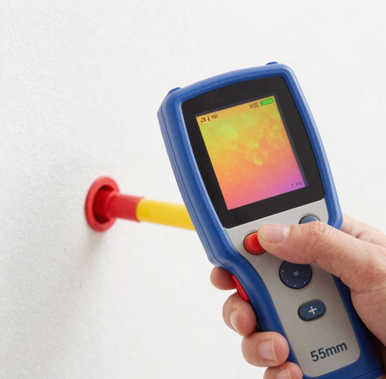 Macro close-up of a thermal imaging camera screen showing a glowing red and yellow water pipe leak behind a wall, clean professional hands holding the device, bright white daylight, 35mm