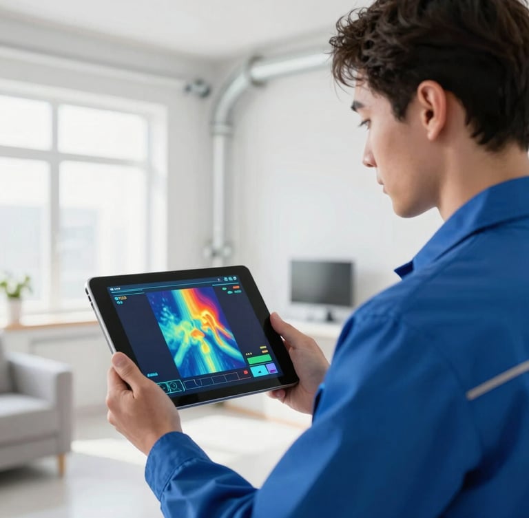 Professional technician in clean uniform holding a digital tablet displaying thermal imaging of pipework, bright modern apartment background, high-key natural light, 35mm