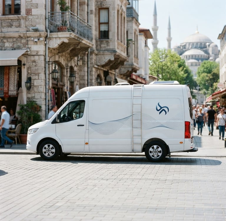 Clean modern white service van with subtle blue branding parked on a clean Istanbul street, bright daylight, professional high-tech commercial photography, 35mm
