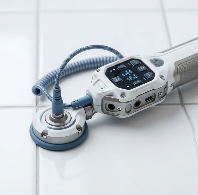 Macro close-up of a high-tech acoustic water leak detector on a clean white tiled surface, bright high-key lighting, professional blue accents, 35mm